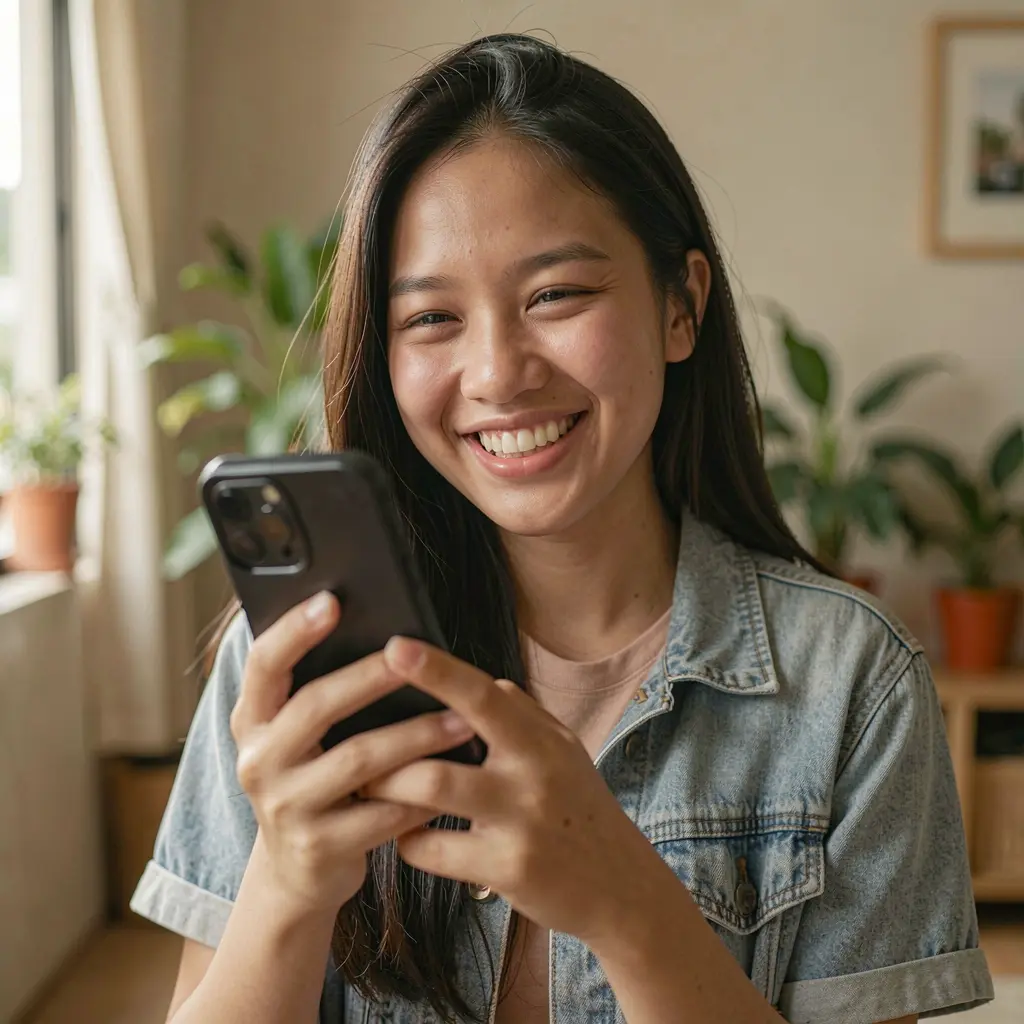 Smiling Filipino woman holding her phone while exploring the ELKJL mobile casino app in a bright indoor setting