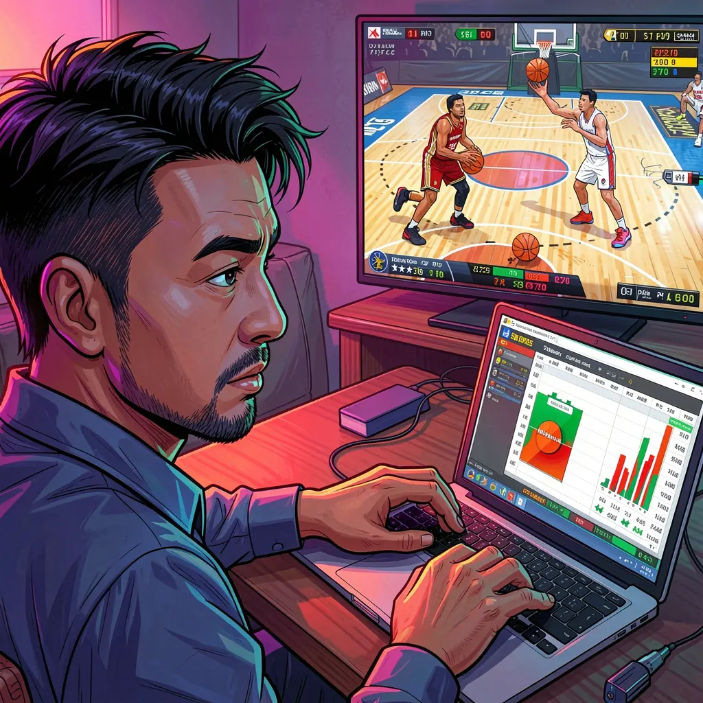 Philippine sports fan placing live basketball bets on a laptop with ELKJL while watching the game on TV in a vibrant home setting