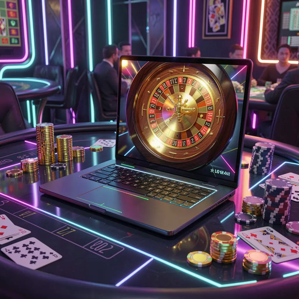 Modern laptop on a casino table with a digital roulette wheel on screen and golden coins highlighting the premium ELKJL online casino experience in the Philippines