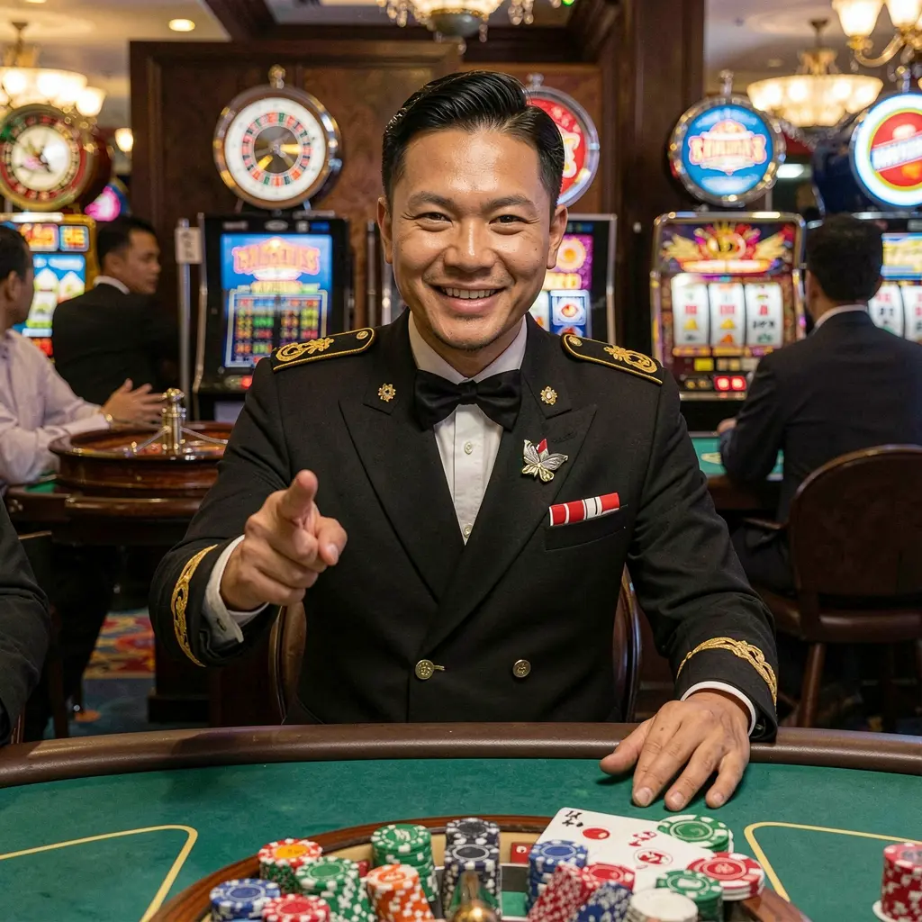 Professional ELKJL casino host inviting players to log in with a welcoming gesture in a vibrant live casino setting for the Philippines