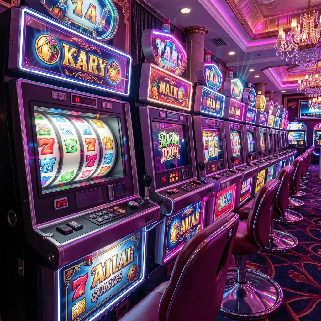 Row of modern slot machines with bright reels and colorful symbols in a stylish casino atmosphere showcasing the immersive slot experience at ELKJL for players in the Philippines